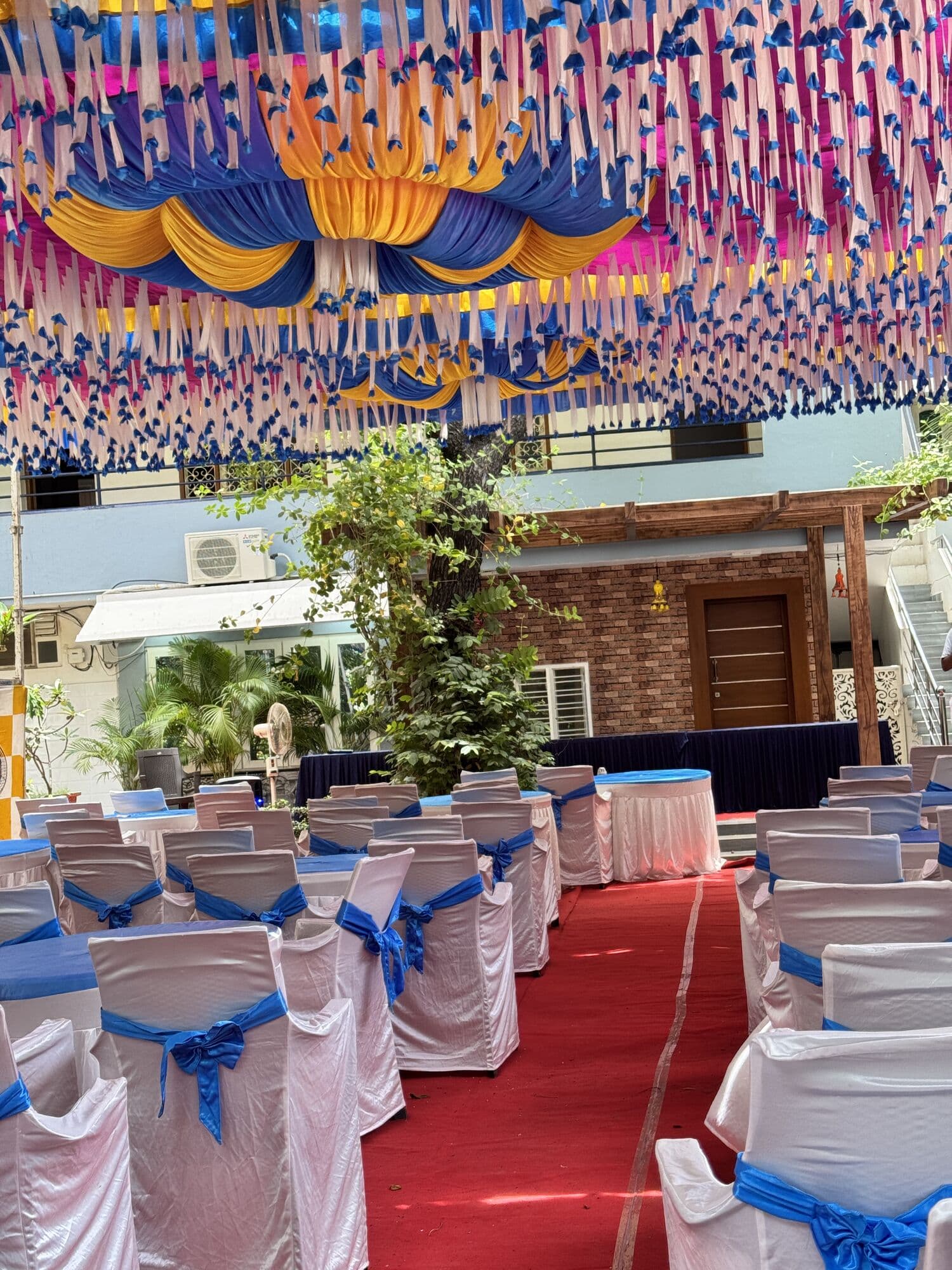 The decorated hall and buffet at a catered function